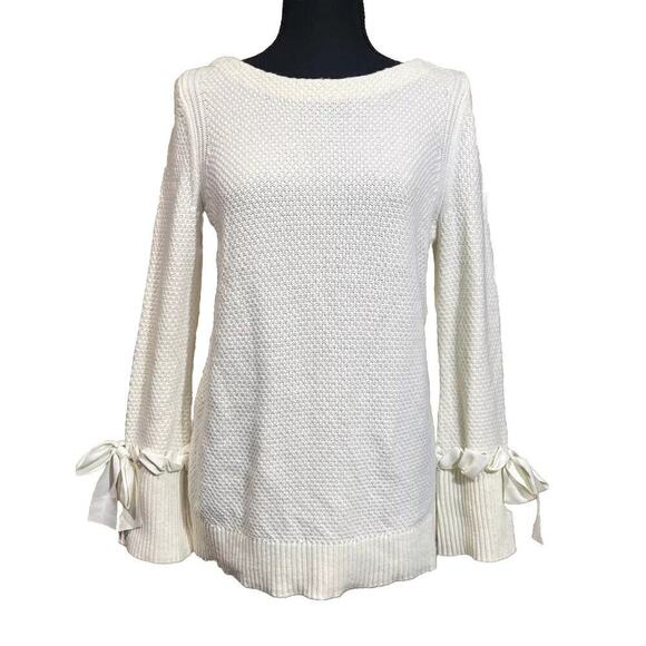 Talbots MP Lambswool Blend Ivory Pullover Sweater Ribbon Bow Sleeved Artsy - Picture 1 of 12